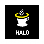 Logo of our march break partner Halo Cafe: A black square with a white coffee mug in the middle. with a yellow halo. Smoke particles are above the cup, and the word halo is written at the bottom, reminding patrons to support live theatre, and play reading