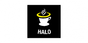 Logo of our march break partner Halo Cafe: A black square with a white coffee mug in the middle. with a yellow halo. Smoke particles are above the cup, and the word halo is written at the bottom, reminding patrons to support live theatre, and play reading